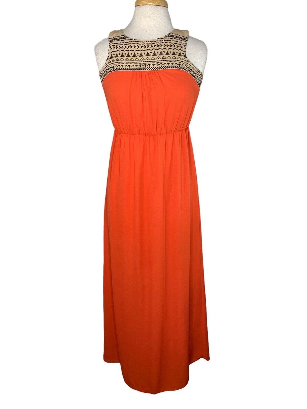 THML Orange Tan Black Embroidered Column Maxi Dress Size Small Sleeveless
